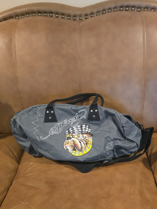 Ed Hardy Gray Duffel with Bulldog Graphic