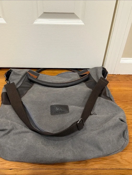 Men's Gray Canvas Duffel with Dark Brown Straps and Accents