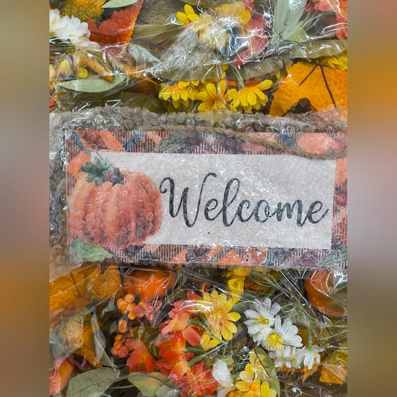 Autumn Welcome Sign with Pumpkin and Flowers Wreath