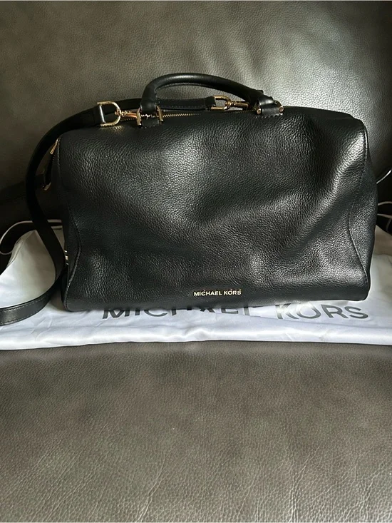 Michael Kors Black Pebbled Leather Duffel with Gold Hardware