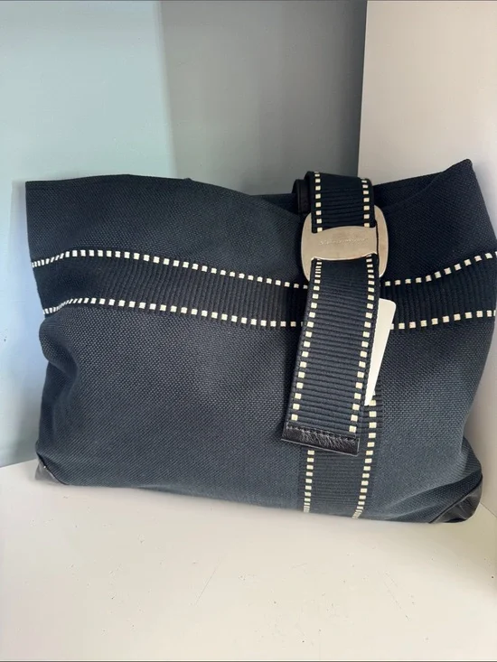Canvas Weekend Tote Bag in Black with White Stitching