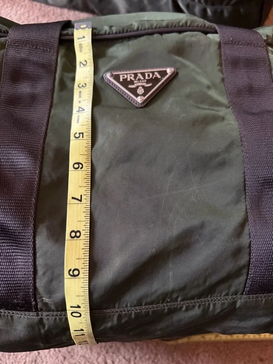 Prada Dark Olive Nylon Duffel Bag with Black Straps. Versatile Travel Piece!