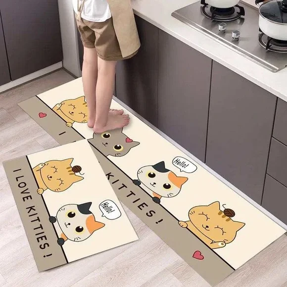 Set of 2 Anti-Fatigue Cute Cat Design Non-Slip Floor Mat
