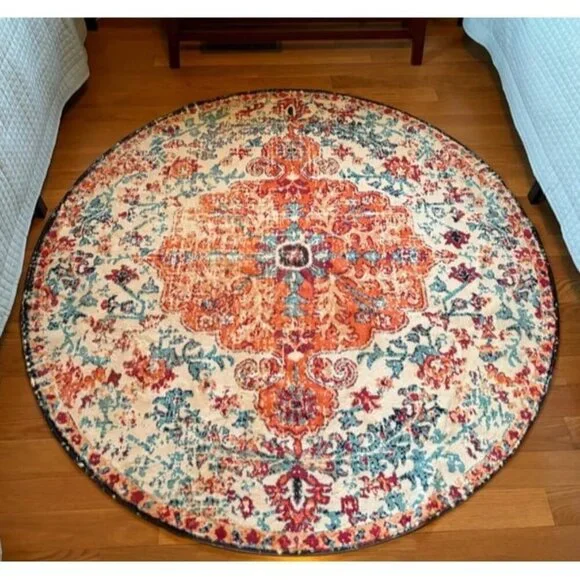 New Bohemian Floral Medallion Round Rug - 3Ft Oriental Distressed Small Round