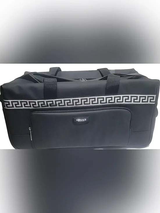 Versace Black Duffel Bag with Silver Greek Key Trim