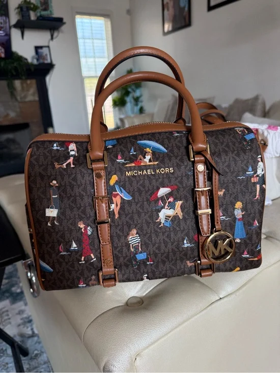 Michael Kors Brown Monogram Duffel with Beach-Print