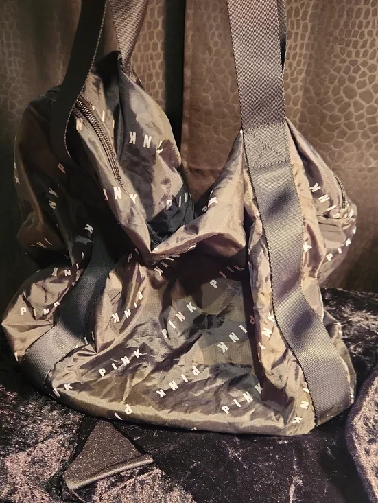 PINK Victoria's Secret Black Nylon Duffel Bag with Logo Print