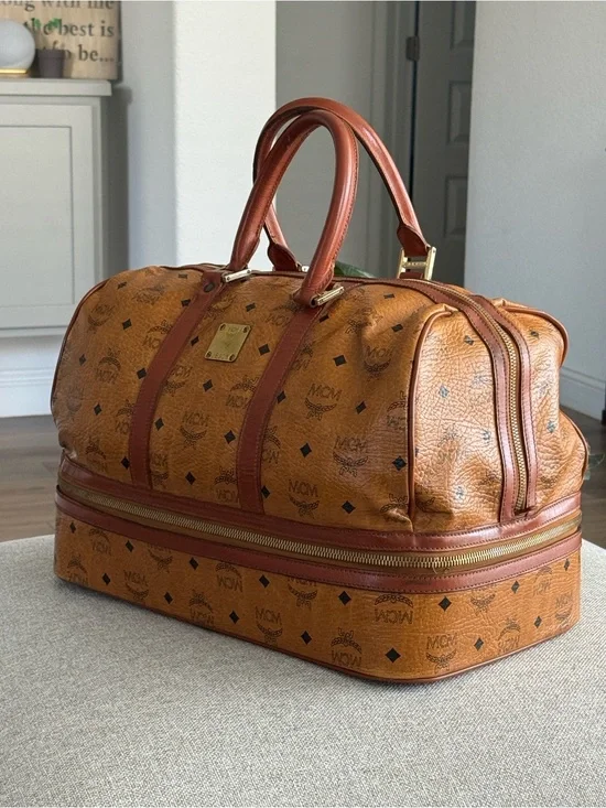 MCM Cognac Brown Visetos Monogram Duffel Bag