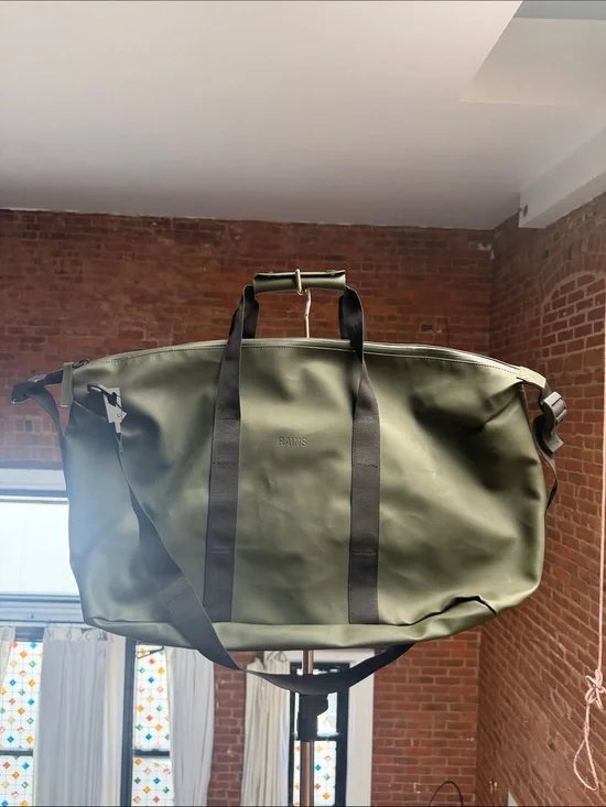 Rains Olive Green Duffel with Black Webbing Straps