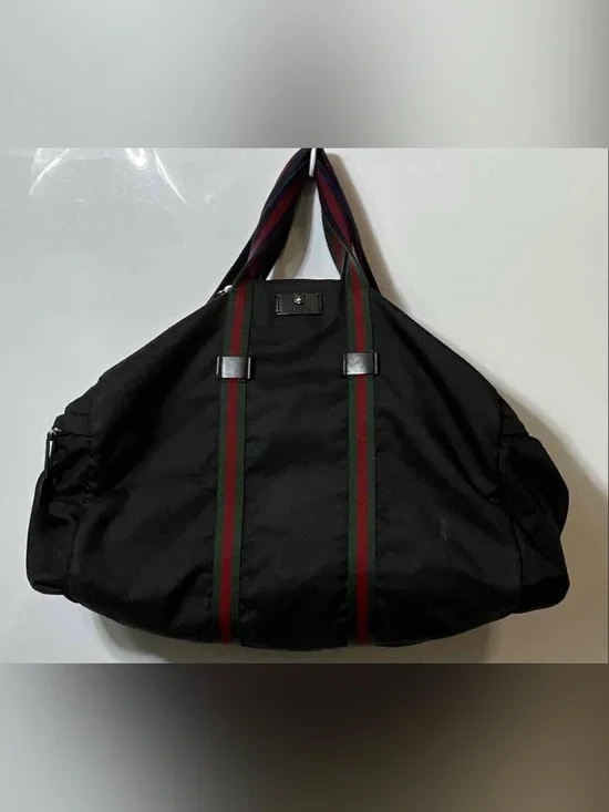 Black Unisex Gucci Top Handle Travel Bag with Red-Green Stripe