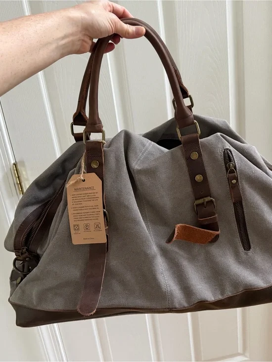 Gray Canvas Duffel Bag with Brown Leather Trim - Classic Travel Weekender