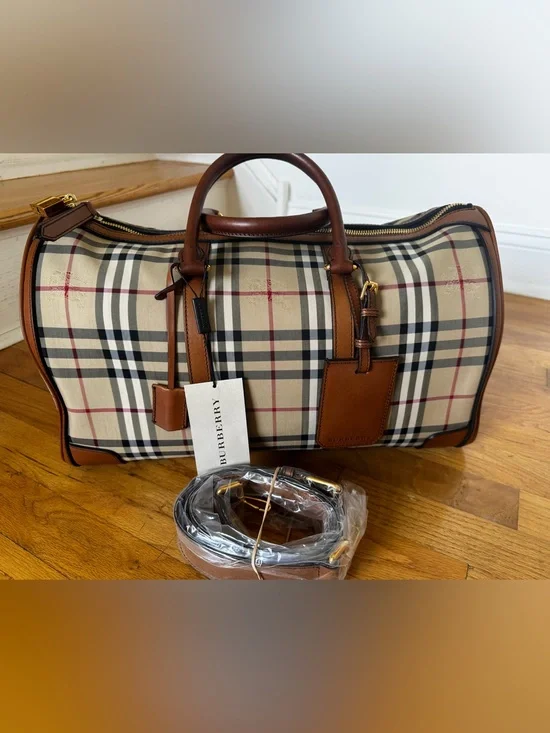 Burberry Beige Vintage Check Large Duffel with Brown Leather Trim