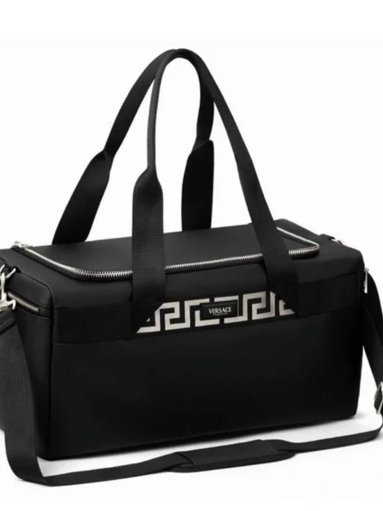 Versace Black Duffel with White Greek Key Detail