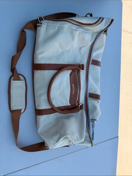 Light Blue and Brown Canvas Weekender Duffel Bag