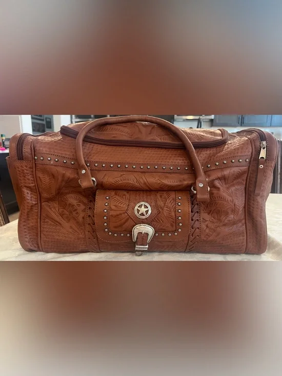 American West Tooled Leather Duffel Bag in Chestnut Brown