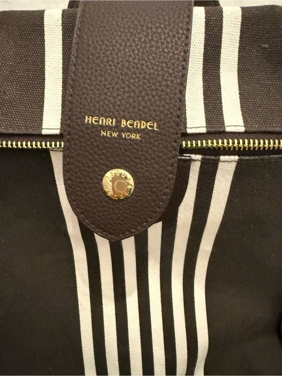henri bendel Brown and White Striped Canvas Duffel