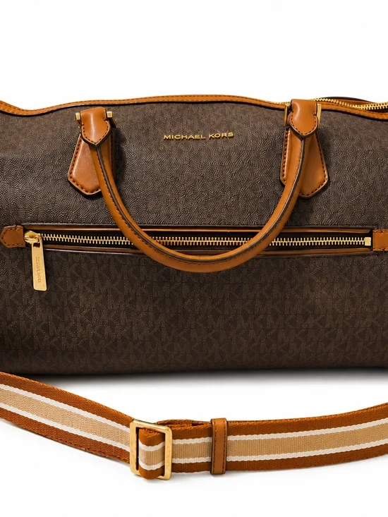 Michael Kors Brown & Tan Signature Duffel with Striped Shoulder Strap