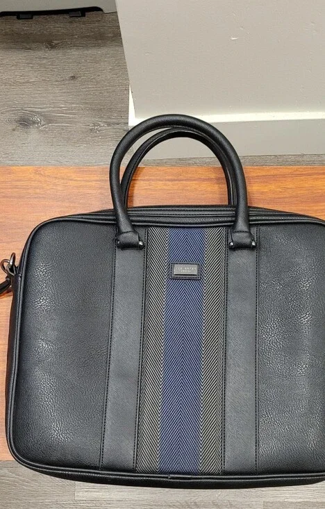Ted Baker Black Leather Laptop Bag with Blue Stripe