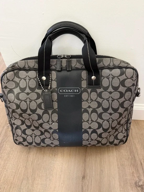Coach Signature Canvas Laptop Briefcase in Charcoal and Black