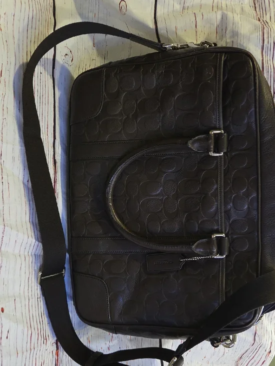 COACH Brown Slim Leather Laptop Briefcase with Shoulder Strap