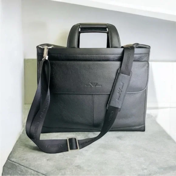 GIORGIO ARMANI BLACK Briefcase Computer Travel Fine Saffiano Leather Bag