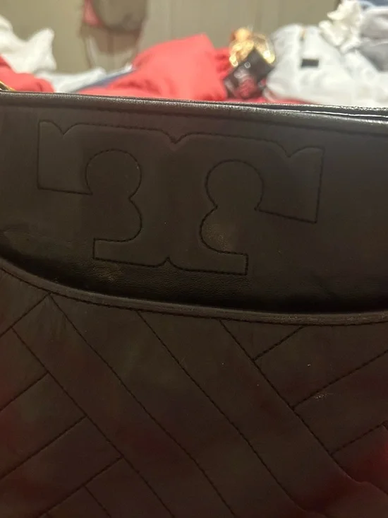 Tory Burch Black Quilted Leather Laptop Bag with Embossed Logo