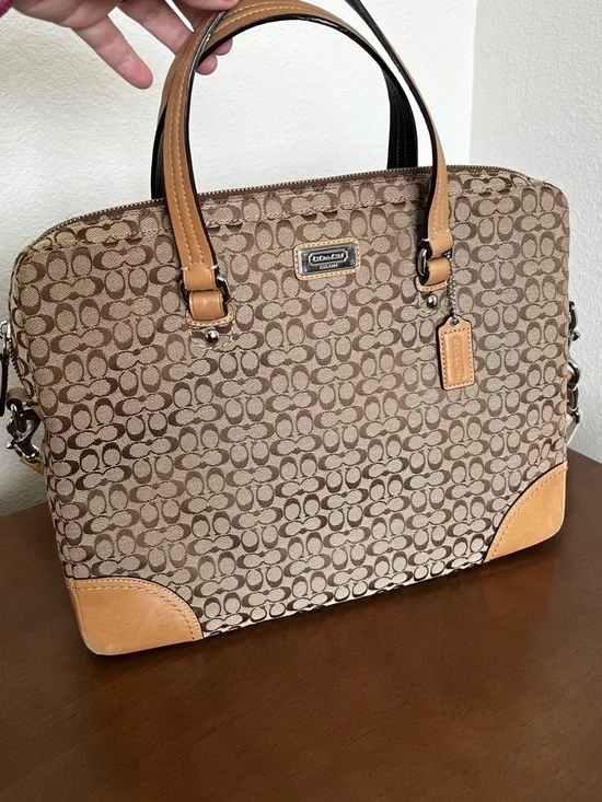 Coach Signature Canvas Laptop Briefcase in Tan and Brown