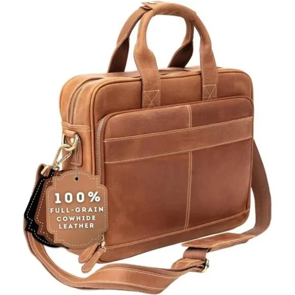 Men's Handcrafted Leather Laptop Bag, Light Brown, Fits 15.6
