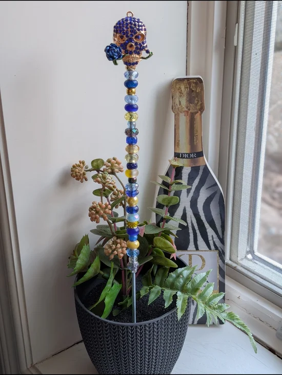 Hand Made Beaded Fairy Wand/Plant/Garden Stake W/Skull Topper in Blue and Gold