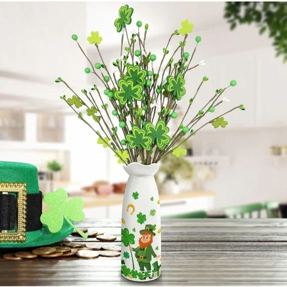 St Patricks Day Decorations Faux Shamrock Floral Picks in  Ceramic Vase Leprech