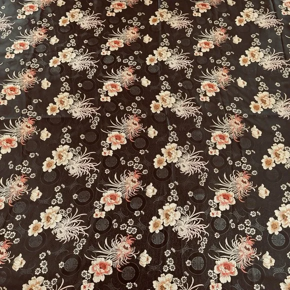 VTG Chinese Floral Brocade Fabric Black Background Shou Symbol Chrysanthemum 2yd