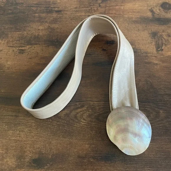 Women's Vintage Taupe Leather Belt Mother of Pearl Shell Buckle Iridescent