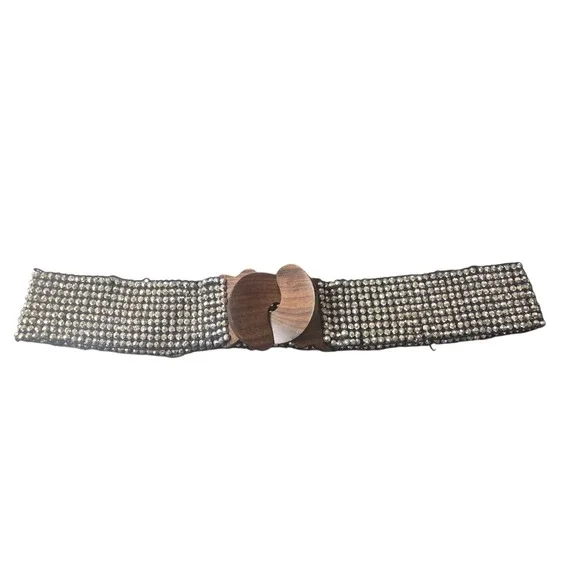 Y2K Boho Rhinestone Stretch Waist Belt Wood Buckle Festival Glam