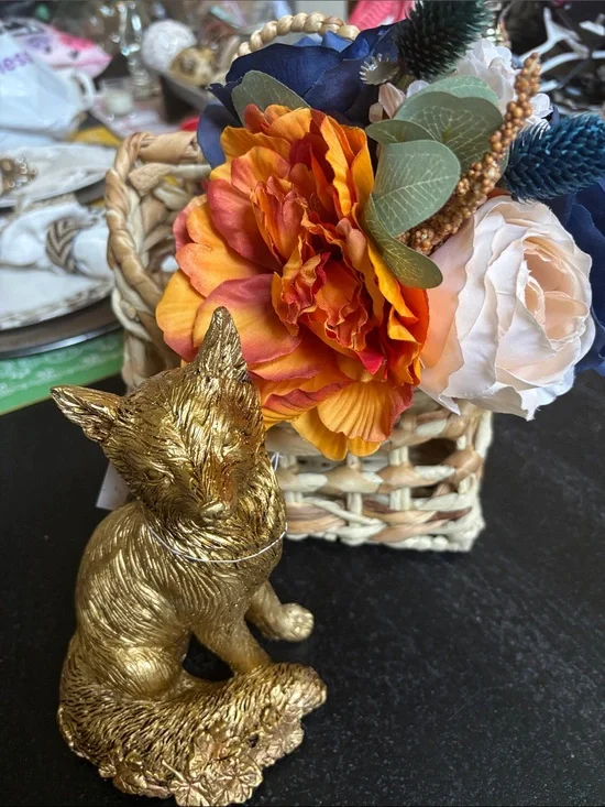 Decorative Gold Fox Figurine with Orange Floral Basket Accent 3 pc bundle