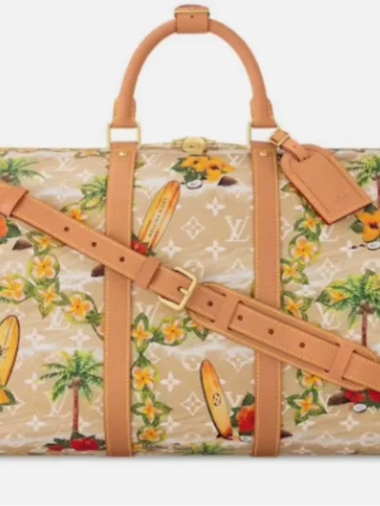 Louis Vuitton Beige Tropical Surf Keepall with Tan Leather Trim.