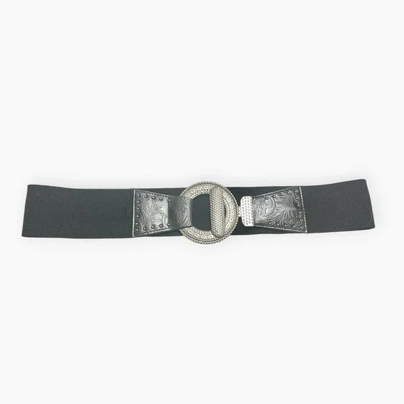 Chico's Silver Black Stretch Belt Leather Linen  Circle Buckle M / L Western