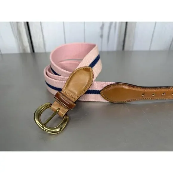 VTG Trafalgar Woven Belt Leather Accents Size 38 Made In USA Pink Blue