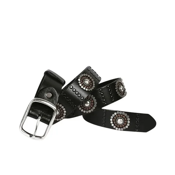 Genuine Leather Studded Western Boho Belt Black Silver Copper‎ Accents 6283 ML