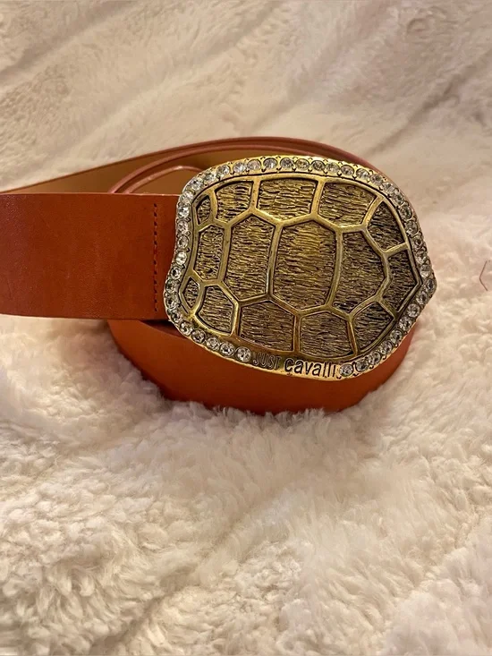 Just Cavalli Orange Leather Belt with Gold Crystal-Trimmed Shell Buckle