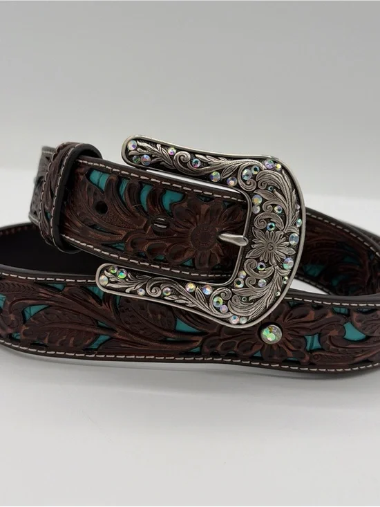ARIAT Tooled Leather Turquoise Inlay WESTERN Brown Floral Belt Coastal Cowgirl
