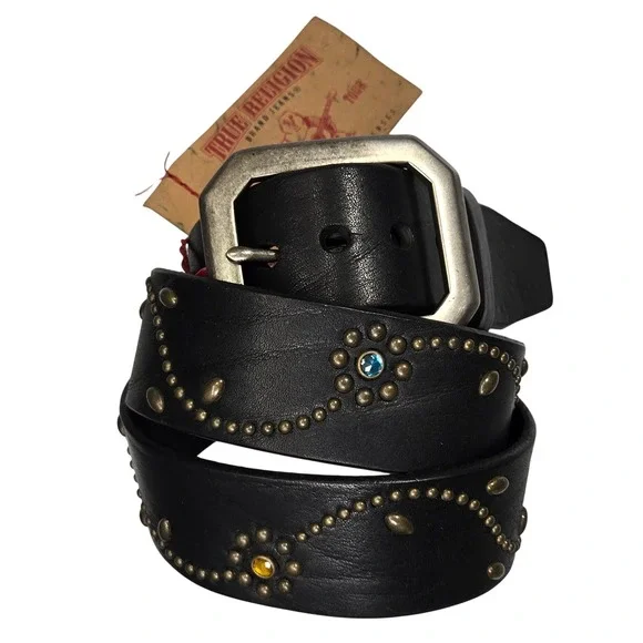 True Religion Womens 34 Black Leather Jewel Studded Belt Western Y2K Floral NWT