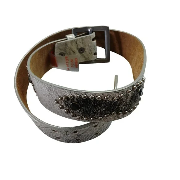Red Camel Womens Silver Metallic Studded Hair On Hide Leather Belt M/31 FD1704