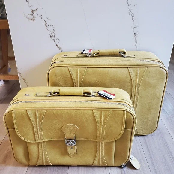 Vintage American Tourister Yellow Vinyl 2 Piece Soft Luggage Set Suitcases 1970s