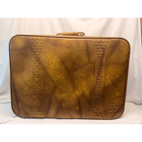 Vintage 1978 American Tourister Tan Faux Leather Suitcase Embossed Basketweave