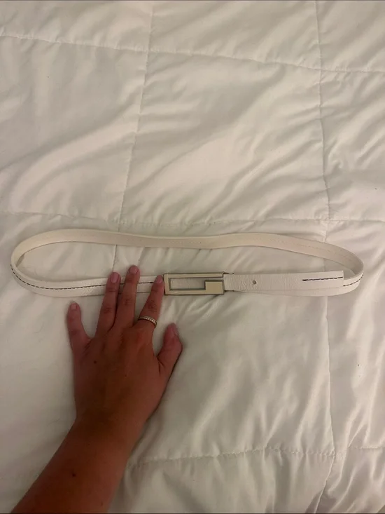White Leather Women's Belt with Geometric Silver Buckle