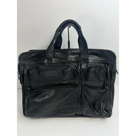 TUMI Black Leather Laptop Messenger Bag 17