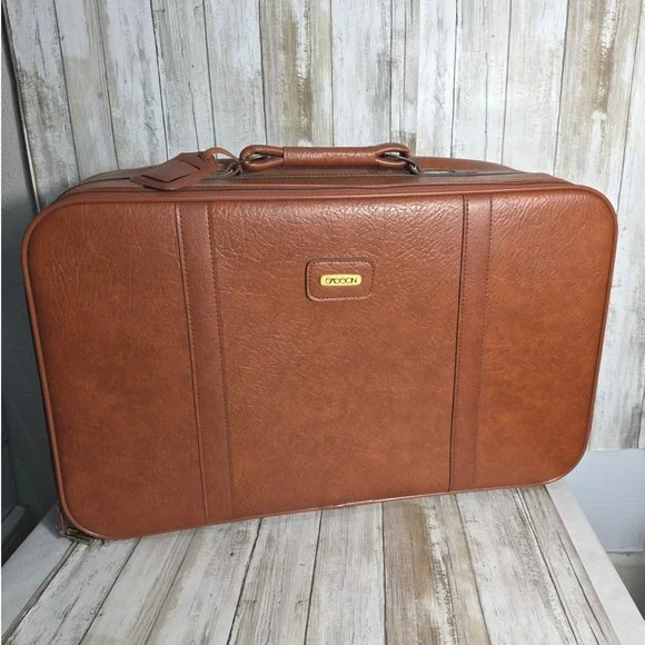 Vintage Sasson Brown Faux Leather Suitcase Luggage with Lock / Key Retro Travel