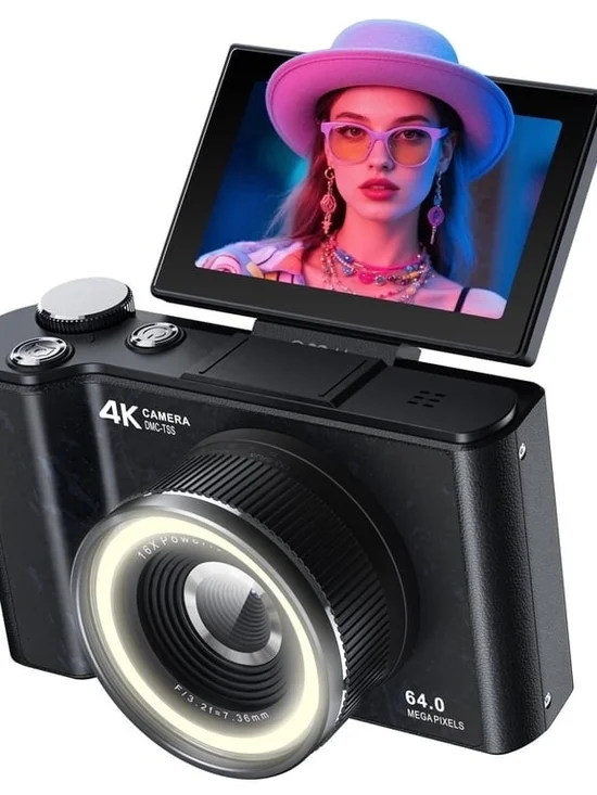 4K 64MP Digital Camera with Flip Screen - Black