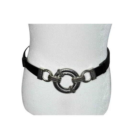 Chico's Black Leather Adjustable Belt Silver Hook Buckle Size M/L Retro Y2K