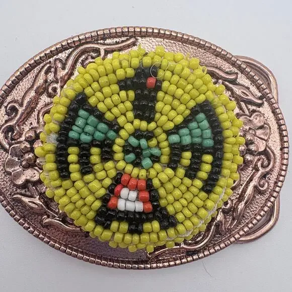 Rose-gold Tone Floral Belt Buckle with Hand-beaded Thunderbird Center